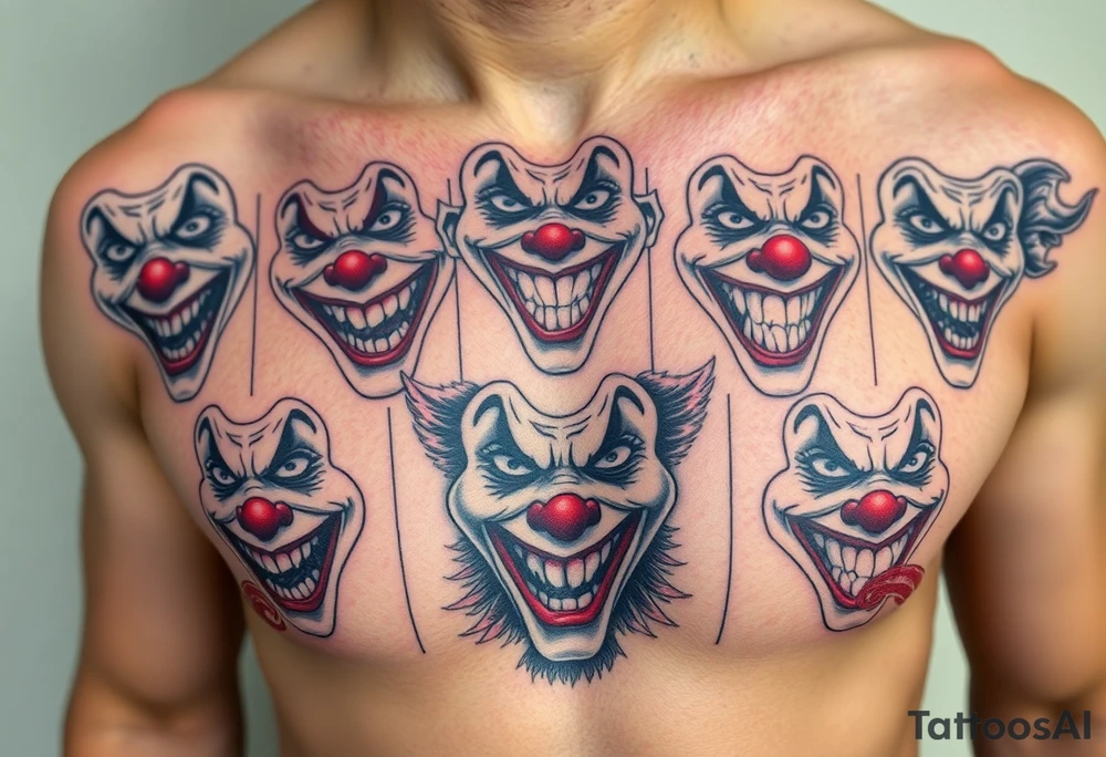 creative collage of each different emotion in different type of clown faces tattoo idea