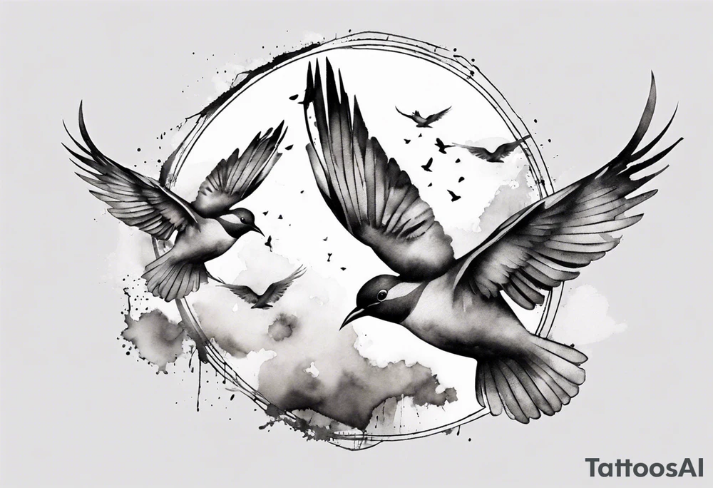 shoulder tattoo with light rays with birds flying free among the clouds, round shape, 3d effect tattoo idea