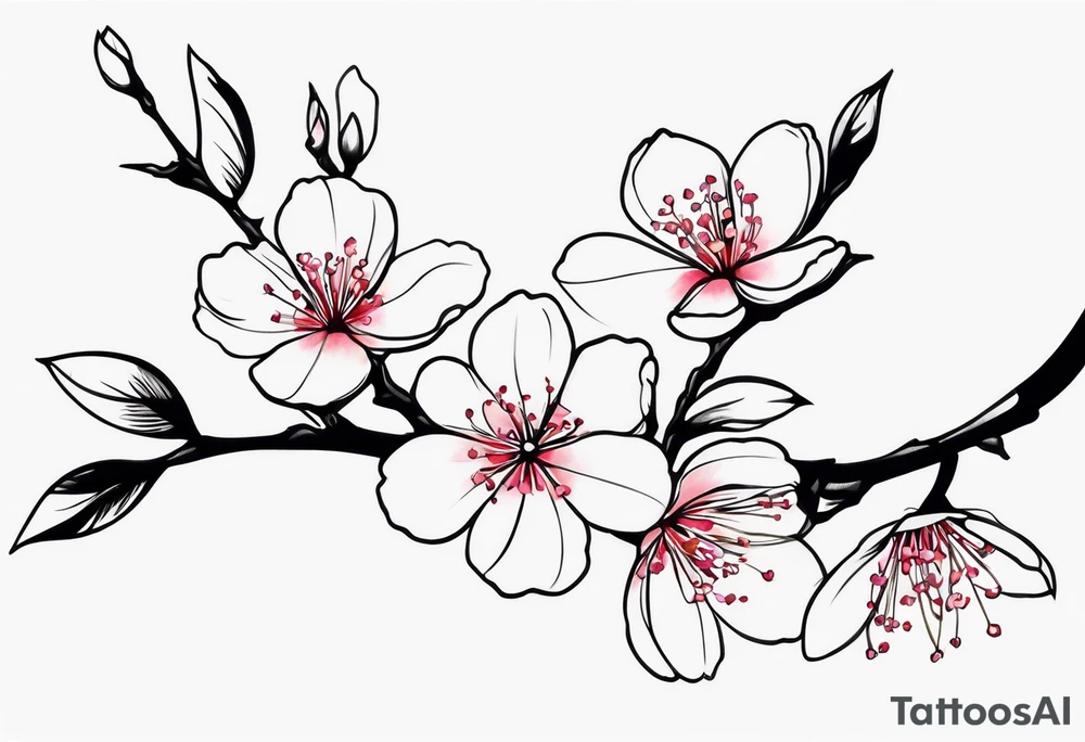 cherry blossom branch going from shoulder to wrist, wrap around bicep, make it LONG, at the end let it blossom and also let it blossom at the 2-3/7 part tattoo idea