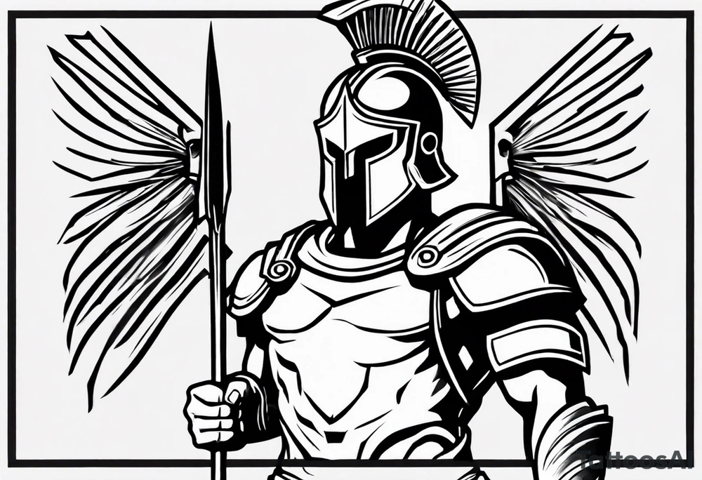 rectangular landscape format ultra-fine line linework vector of a spartan from the side, spartan spear, spartan shield, laurel wreath tattoo idea