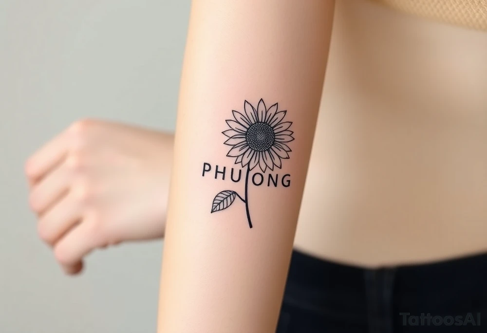 Word "PHUONG" written vertical with the sunflower. tattoo idea