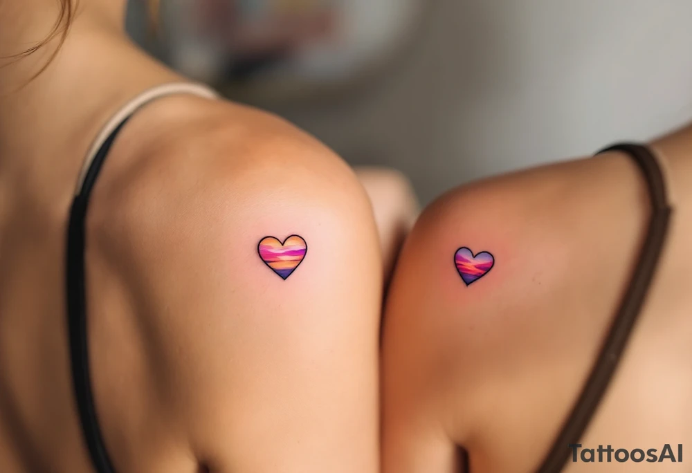 Tiny hearts shaded with a sunset gradient of orange, pink, and purple across each partner shoulder blades. tattoo idea