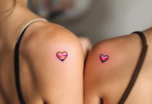 Tiny hearts shaded with a sunset gradient of orange, pink, and purple across each partner shoulder blades. tattoo idea