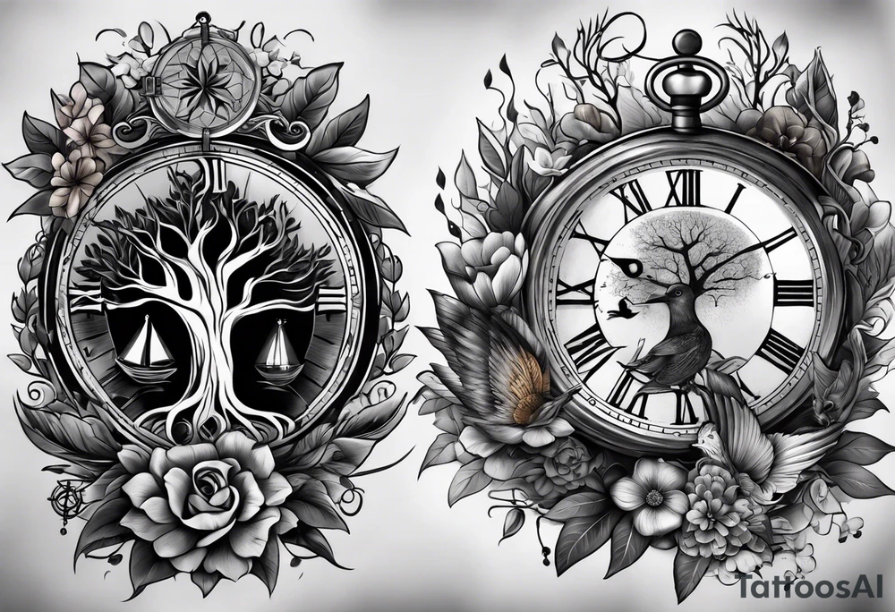 black and grey composition of four elements, 1) old school pocket watch in pieces 2) nautical compass in pieces, 3) a tree of life and 4) a doctor bird, connected together by lignum vitae flowers, on the arm 3/4 sleeve black and grey tattoo idea