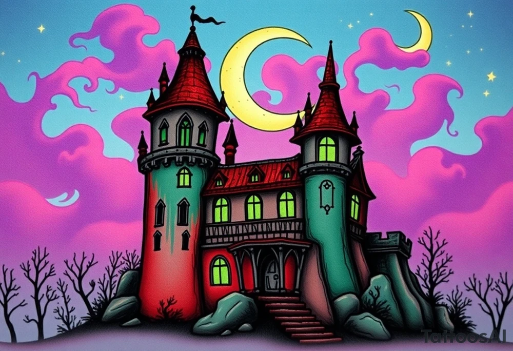 Tim Burton’s disney sleeping beauty’s haunted castle is abandoned and dripping with muted reds, dusty pinks, and eerie green glow.purple and cyan smokey clouds swirl in the crescent moonlit sky thats sprinkled with stars tattoo idea tattoo idea
