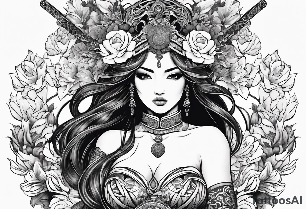 ornate beautiful woman warrior with weapon & floral surrounding tattoo from head to torso tattoo idea