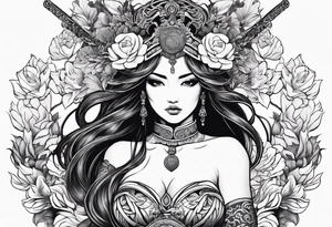 ornate beautiful woman warrior with weapon & floral surrounding tattoo from head to torso tattoo idea