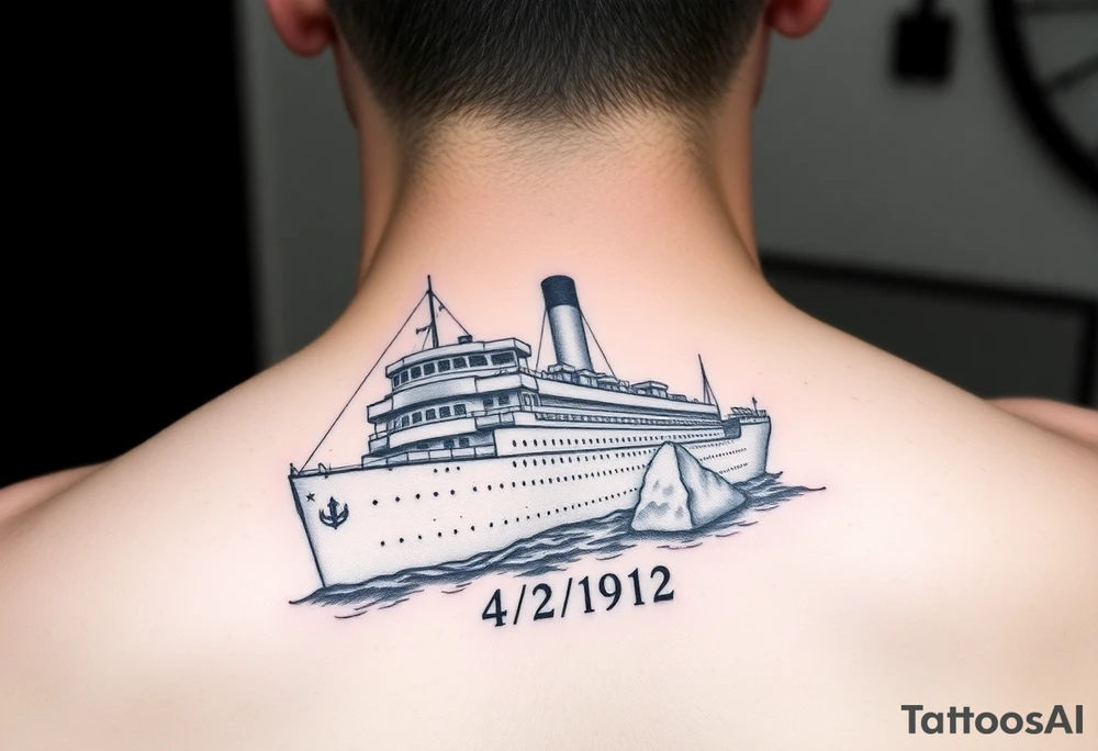 ship image of the titanic with date it hit the iceberg 04/14/1912 tattoo idea