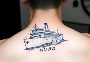 ship image of the titanic with date it hit the iceberg 04/14/1912 tattoo idea