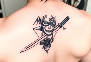 Hitachi from Naruto in a kunai with his anbu mask and uchiha crest tattoo idea