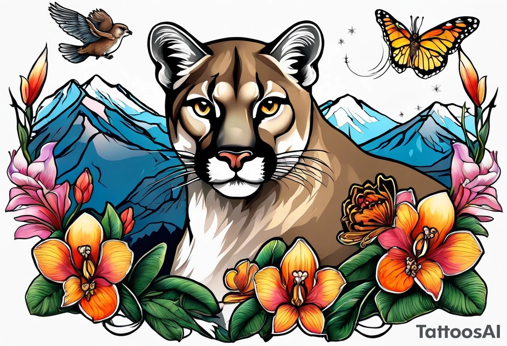Mother mountain lion with an otter and flicker bird, mountains, orchids, and butterflies tattoo idea