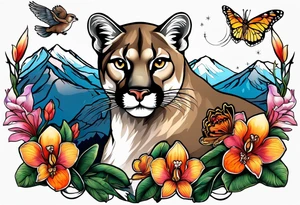 Mother mountain lion with an otter and flicker bird, mountains, orchids, and butterflies tattoo idea