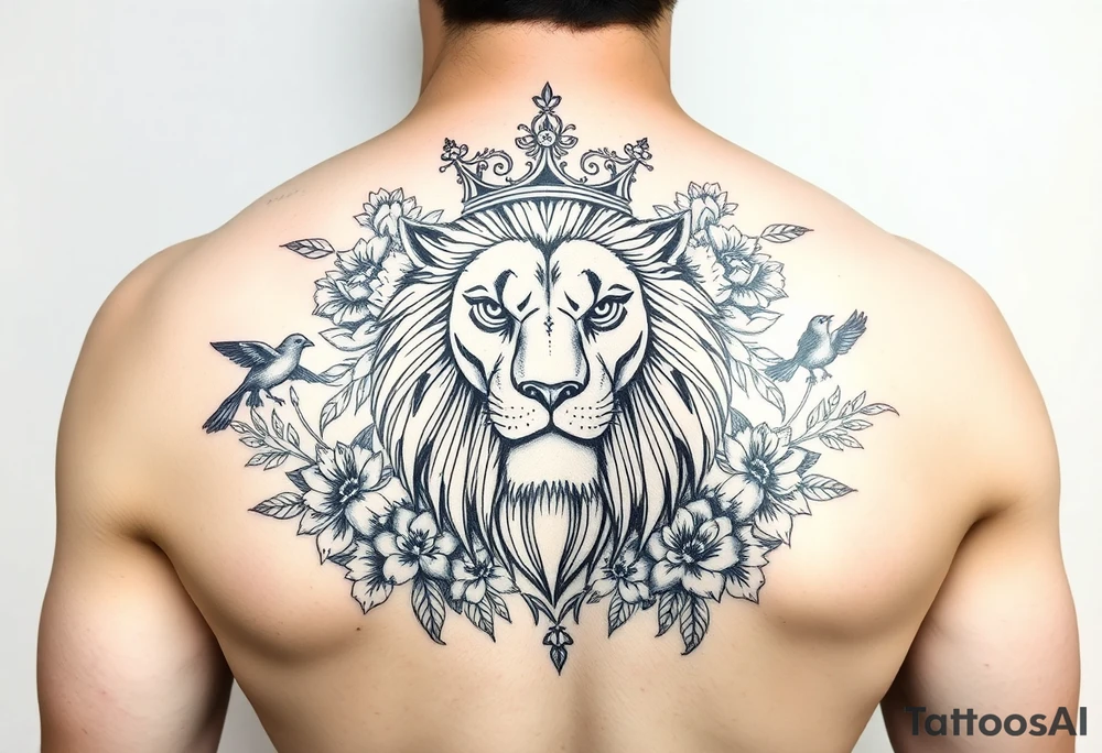 powerful majestic lion with a crown, surrounded by floral ornaments and birds tattoo idea