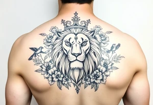 powerful majestic lion with a crown, surrounded by floral ornaments and birds tattoo idea