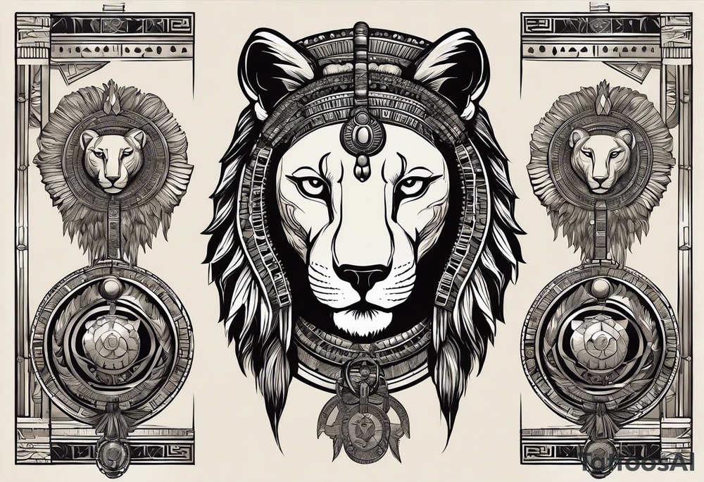 Full body from head to toe of Ancient Egyptian goddess sekhmet, lioness head with black sun disk above her head and woman's body. She looks straight ahead and ready for battle looking fearless and powerful holding an ankh in one hand and a papyrus sceptre in another, she has long hair flowing tattoo idea