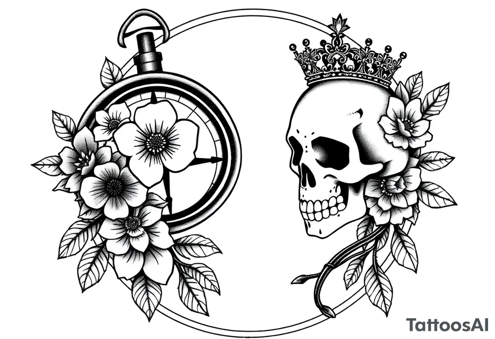 Compass with detailed beautiful gothic boho flowers on vine and skull with gorgeous crown tattoo idea