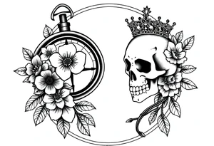 Compass with detailed beautiful gothic boho flowers on vine and skull with gorgeous crown tattoo idea
