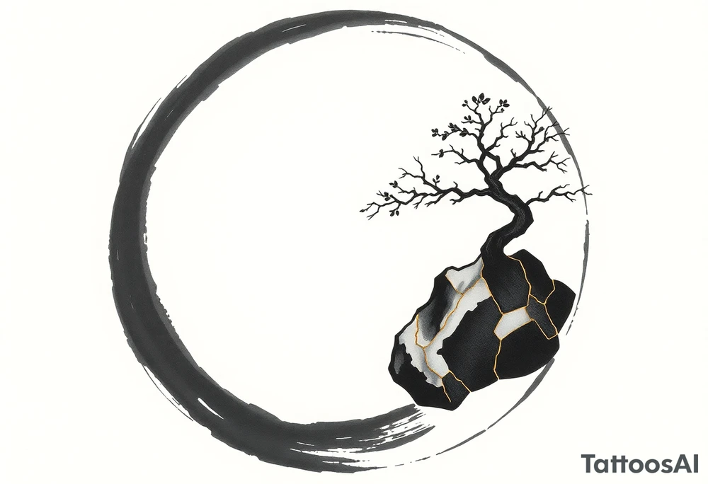 thick Zen ensō circle, drawn with a bold, hand‑painted black ink brushstroke. The circle is imperfect and organic, with visible texture and subtle variation in line thickness. About the last quarter of the circle, near the top‑right, transforms into a cracked ceramic segment that has been repaired using kintsugi: visible broken pieces outlined and joined by thin, flowing gold lines. There should be a couple big pieces of ceramic and no small ones. The circle and the ceramic part should have the same thickness. The gold seams follow the natural fractures of the ceramic section, creating several branching cracks rather than a single line, clearly distinguishing this repaired portion from the rest of the smooth ink circle. The transition from ink to ceramic should feel natural, as if the painted circle solidifies into a fragile object that has been lovingly mended. The ceramic shall seamlessly flow into a rock from which a tree of life sprouts. Design it as a black and gray tattoo with a subtle metallic gold effect on the kintsugi seams, suitable for a medium‑sized placement on the back of the bicep. tattoo idea