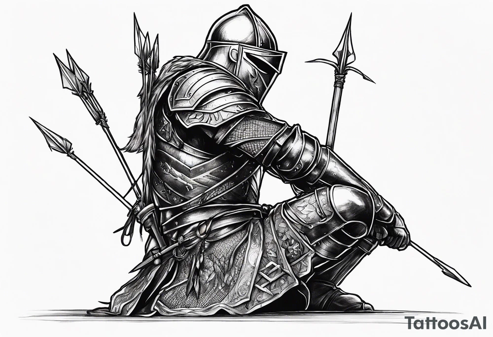 Side profile of a dying knight on his knees with five arrows sticking out of his back tattoo idea