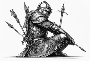 Side profile of a dying knight on his knees with five arrows sticking out of his back tattoo idea