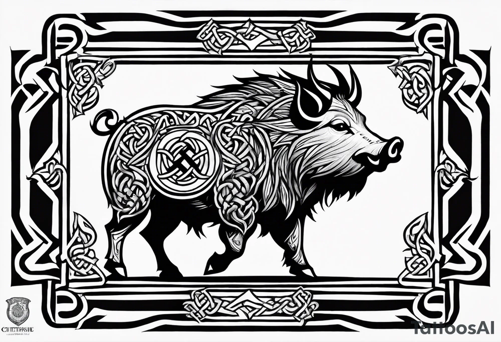 A classic tribal Celtic boar Integrated with a Chatwin, family crest and a Thistle tattoo idea