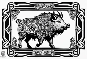A classic tribal Celtic boar Integrated with a Chatwin, family crest and a Thistle tattoo idea