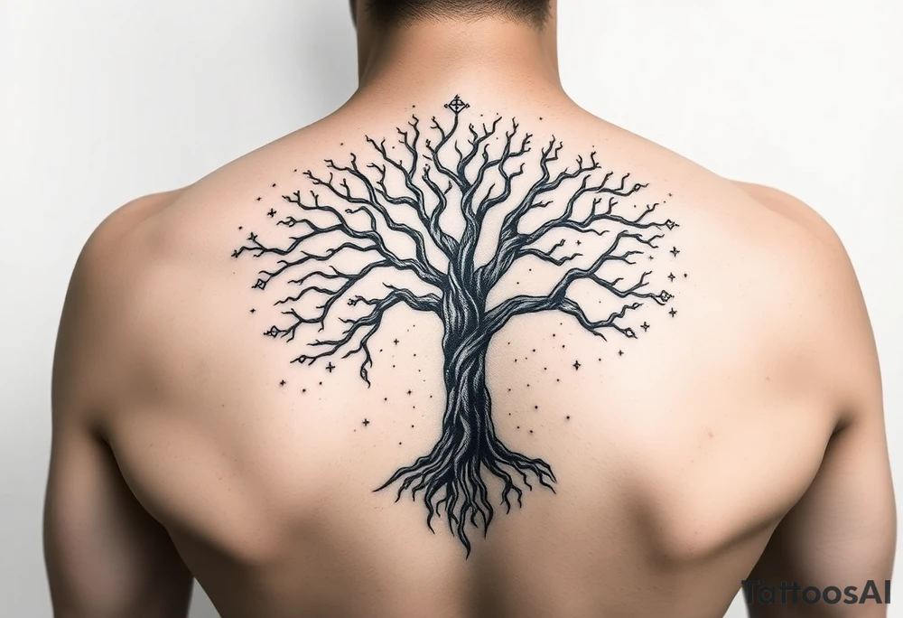 mystical tree of life with cosmic roots and celestial branches tattoo idea