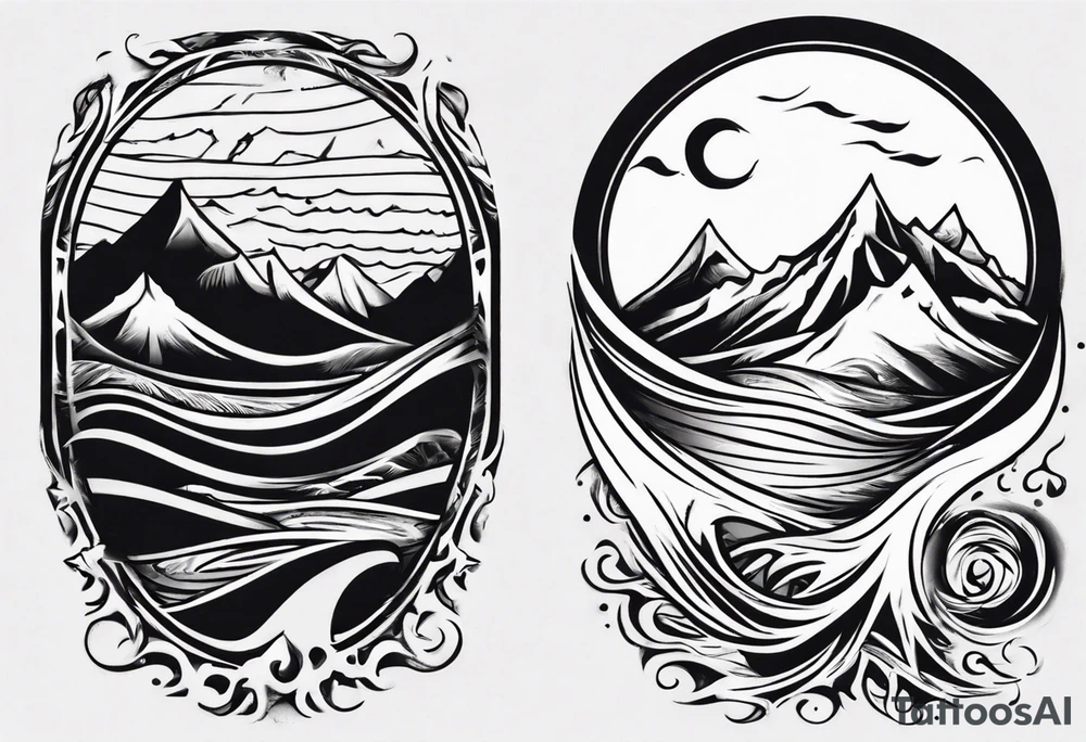 sleeve, mountains, waves, sun tattoo idea