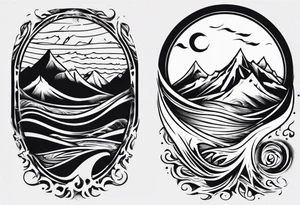 sleeve, mountains, waves, sun tattoo idea