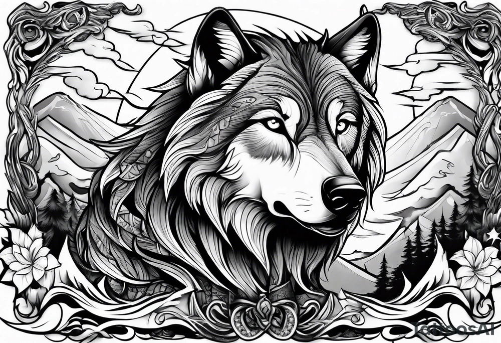 Powerful storm with wolf tattoo idea