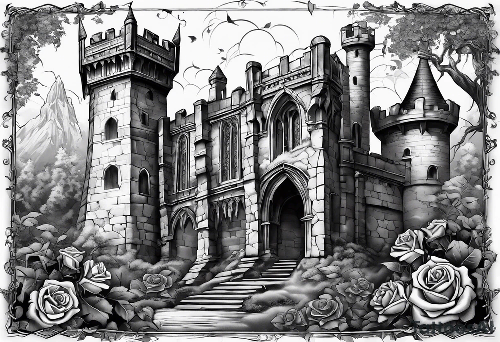 tattoo fool sleeve, old broken gothic castle, broken sword, tree roots break out of the chains, roses tattoo idea