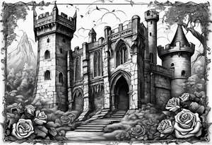 tattoo fool sleeve, old broken gothic castle, broken sword, tree roots break out of the chains, roses tattoo idea