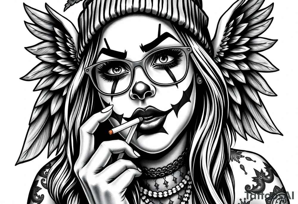Chicana BBL fat sexy chunky plus size beautiful long hair clown makeup angel wings thug beanie eyeglasses smoking a cigarette tattoo idea