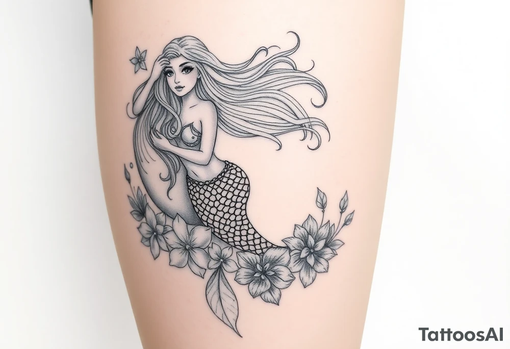 ethereal mermaid with flowing hair among coral and sea flowers tattoo idea