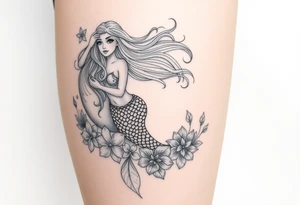 ethereal mermaid with flowing hair among coral and sea flowers tattoo idea