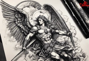 Arm sleeve of St Michael, the archangel, plunging a sword into the devil who is fallen on the stairway to heaven. Angels and demons are fighting all around in the clouds tattoo idea