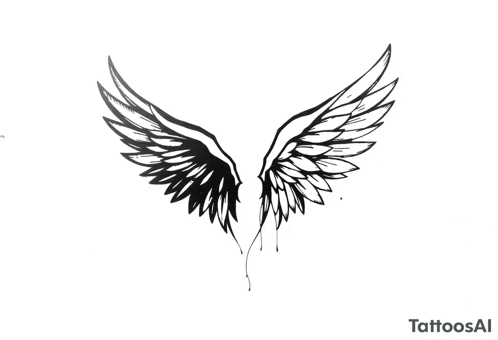 This tattoo design features a pair of asymmetrical angel wings drawn in black ink with a rough, sketch-like style. The left wing is darker, more defined, and appears denser, while the right wing is lighter, more delicate, and fragmented, creating a contrast between the two. The feathers are sharp and irregular, with fine lines and stray strokes extending outward, adding a raw and artistic feel. The overall look is dynamic and slightly chaotic, giving the impression of movement or an unfinished, ethereal form. This design symbolizes duality, freedom, transformation, or even struggle, making it a meaningful and visually striking tattoo. tattoo idea