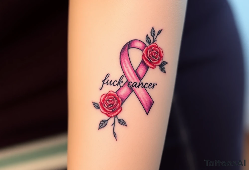 Pretty pink Cancer ribbon that says "fuck cancer"with red roses tattoo idea