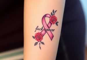 Pretty pink Cancer ribbon that says "fuck cancer"with red roses tattoo idea