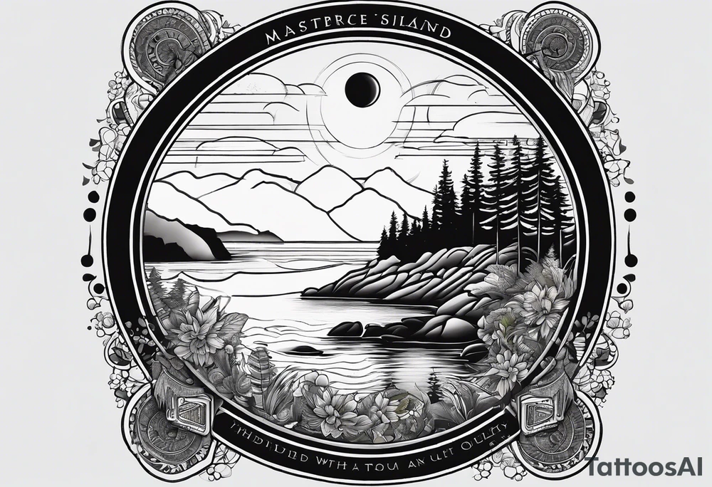 A circle with an outline of Whidbey Island inside of it. tattoo idea