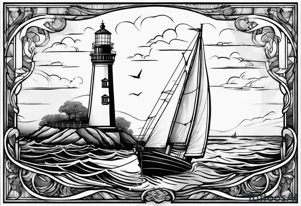 maritime lighthouse in a front view sailboat serving as a mast for a sail. tattoo idea