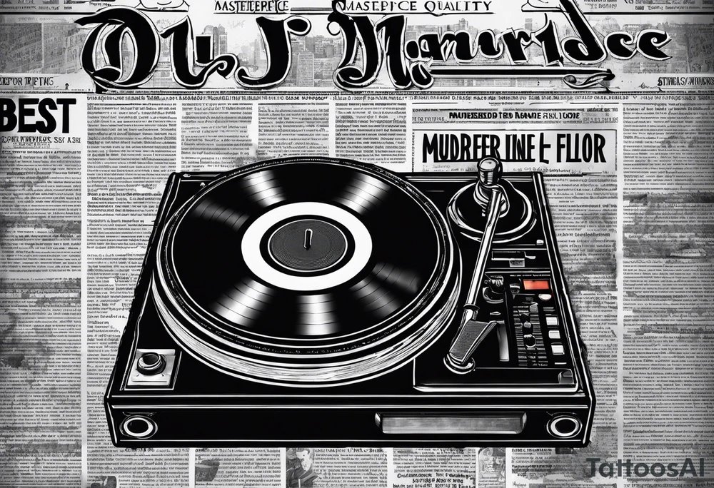 Ripped newspaper for hand with headline “dj murdered the dance floor”. Fake newspaper Article about best dj in raleigh tattoo idea