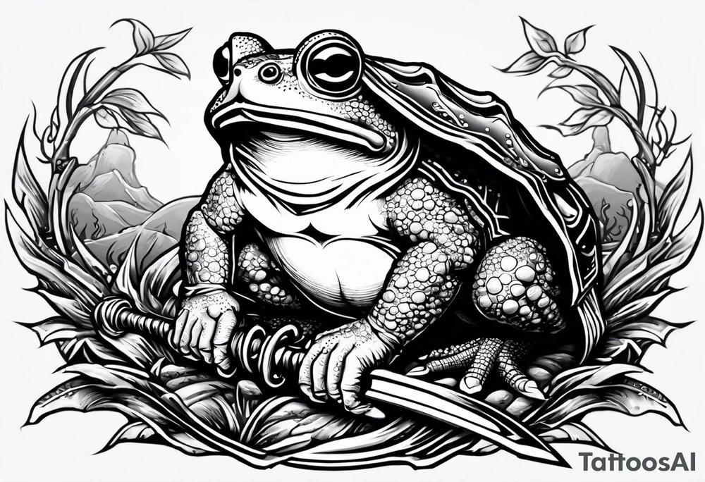 toad with sword; samurai sword Is pointing down(sword stuck in the ground) as if the toad was standing; no clothes tattoo idea