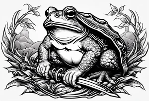 toad with sword; samurai sword Is pointing down(sword stuck in the ground) as if the toad was standing; no clothes tattoo idea