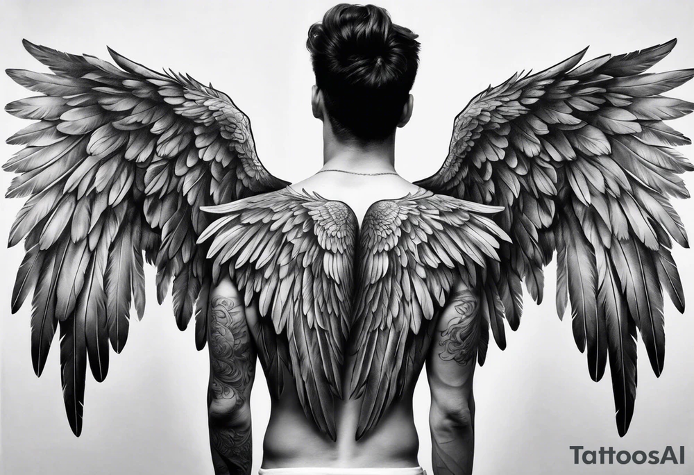Realistic angel wings extending from a mens shoulders, covering the upper arms and upper back. The feathers are intricately detailed, with soft shading in black and gray to create depth and texture. The wings gently converge in the middle of the back, forming a harmonious and cohesive design. tattoo idea