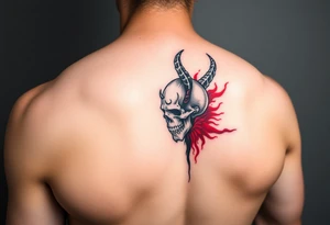 Demon skull black and red on left chest male tattoo idea