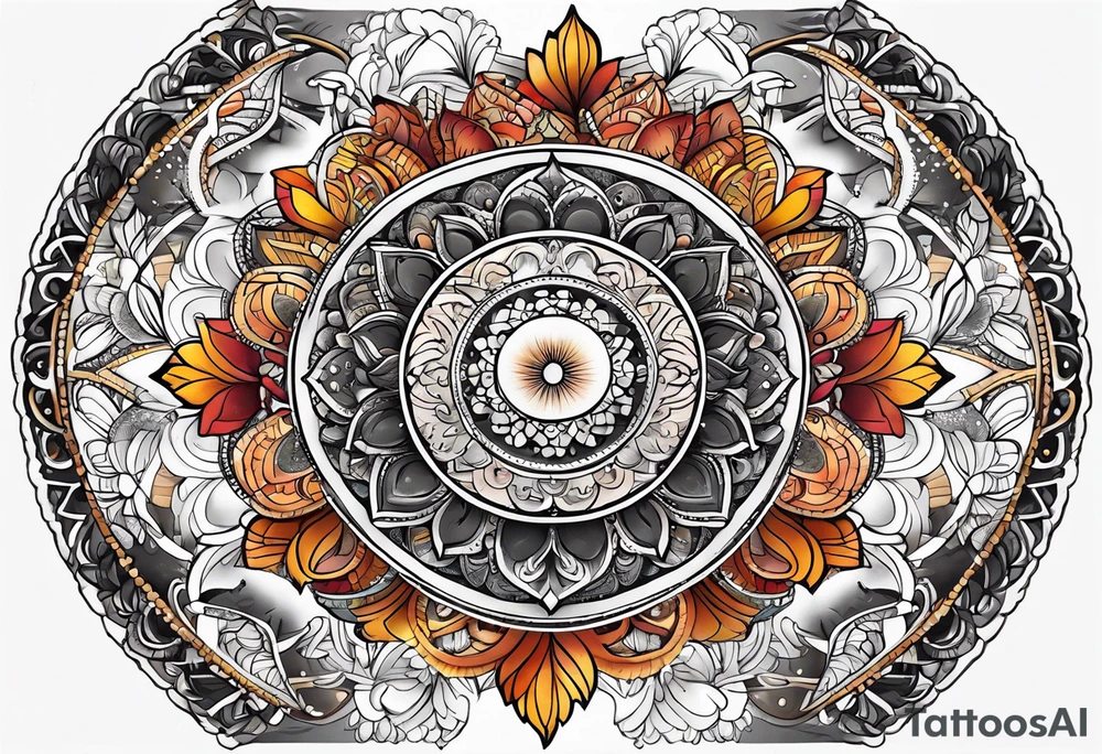 male moon mandala Knee tattoo in fall colors tattoo idea
