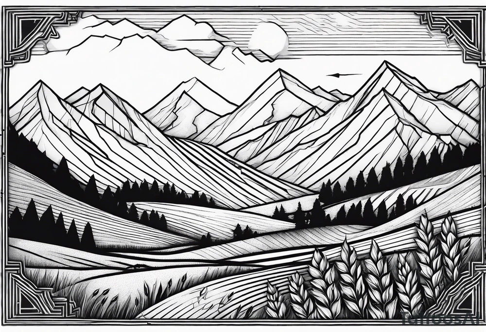 negative blackwork with mountains, hills and wheat field at bottom tattoo idea negative blackwork with mountains, hills and wheat field at bottom tattoo idea
