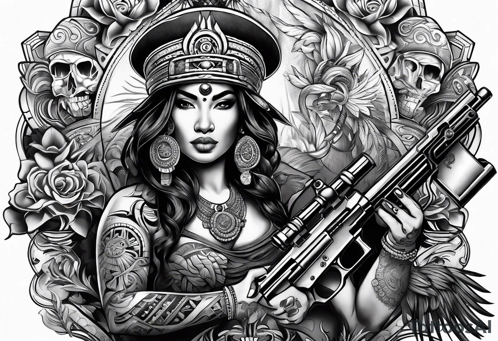 gangster, mayan,guns,symbols tattoo idea