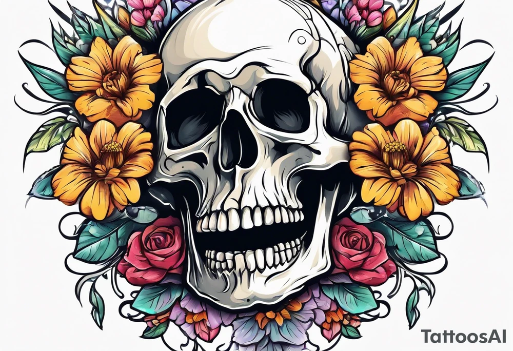 skull with flowers growing on it tattoo idea